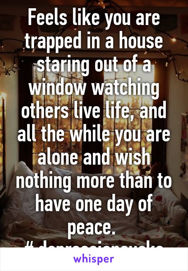 Feels like you are trapped in a house staring out of a window watching others live life, and all the while you are alone and wish nothing more than to have one day of peace. 
# depressionsucks