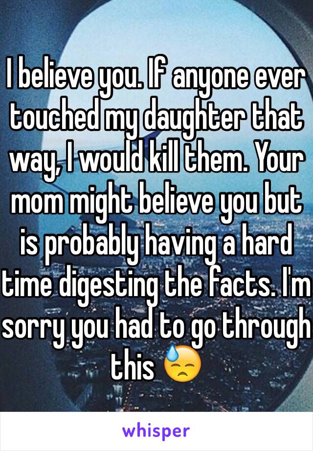 I believe you. If anyone ever touched my daughter that way, I would kill them. Your mom might believe you but is probably having a hard time digesting the facts. I'm sorry you had to go through this 😓