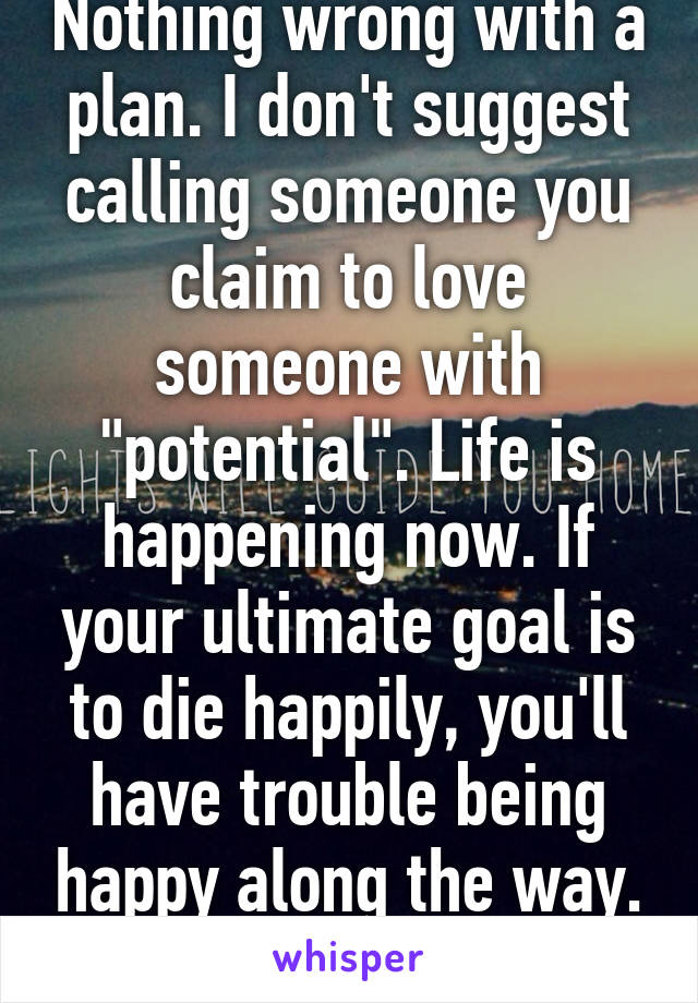 Nothing wrong with a plan. I don't suggest calling someone you claim to love someone with "potential". Life is happening now. If your ultimate goal is to die happily, you'll have trouble being happy along the way. IMHO 