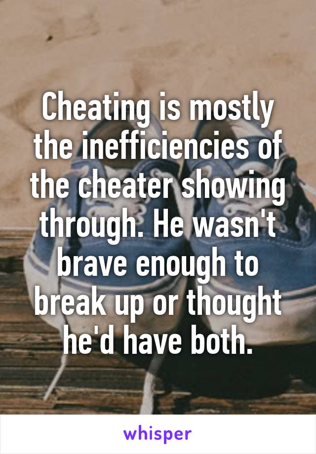 Cheating is mostly the inefficiencies of the cheater showing through. He wasn't brave enough to break up or thought he'd have both.