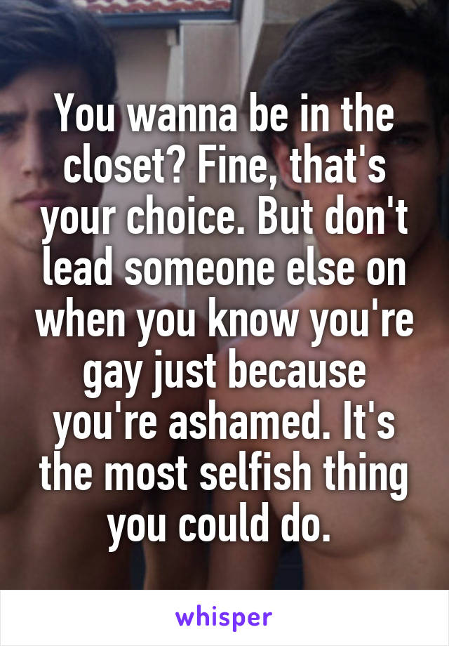 You wanna be in the closet? Fine, that's your choice. But don't lead someone else on when you know you're gay just because you're ashamed. It's the most selfish thing you could do. 