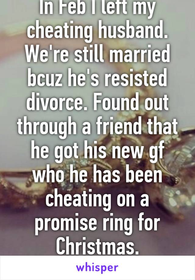 In Feb I left my cheating husband. We're still married bcuz he's resisted divorce. Found out through a friend that he got his new gf who he has been cheating on a promise ring for Christmas.
Wtf? Lol!