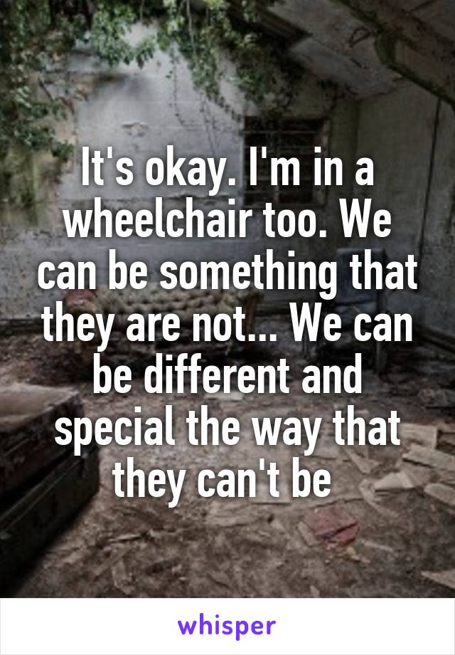 It's okay. I'm in a wheelchair too. We can be something that they are not... We can be different and special the way that they can't be 