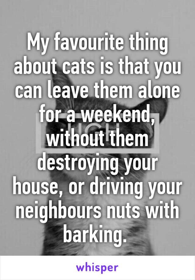 My favourite thing about cats is that you can leave them alone for a weekend, without them destroying your house, or driving your neighbours nuts with barking. 