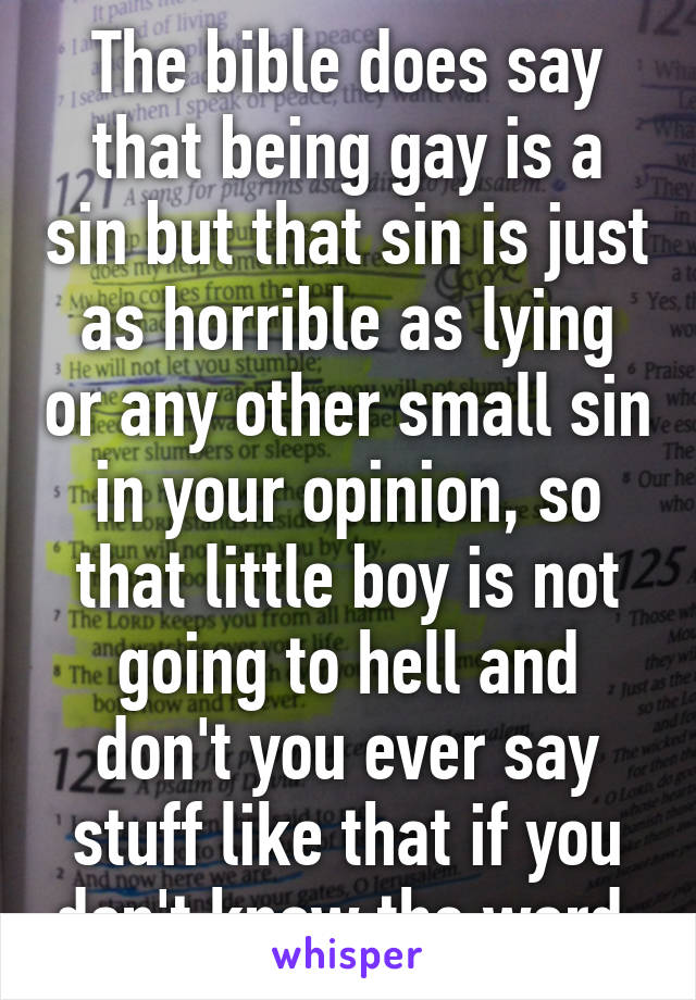The bible does say that being gay is a sin but that sin is just as horrible as lying or any other small sin in your opinion, so that little boy is not going to hell and don't you ever say stuff like that if you don't know the word.