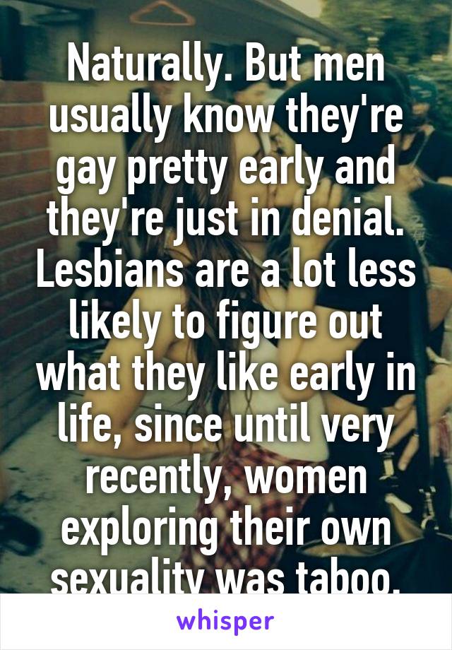 Naturally. But men usually know they're gay pretty early and they're just in denial. Lesbians are a lot less likely to figure out what they like early in life, since until very recently, women exploring their own sexuality was taboo.