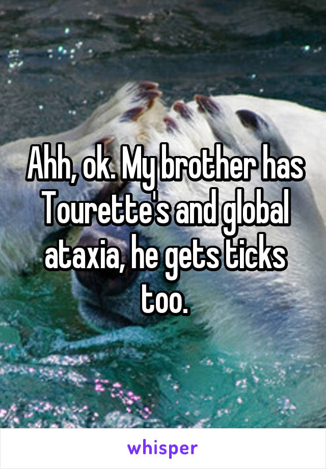 Ahh, ok. My brother has Tourette's and global ataxia, he gets ticks too.