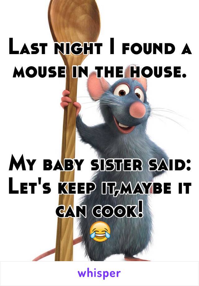 Last night I found a mouse in the house.



My baby sister said:
Let's keep it,maybe it can cook!
😂
