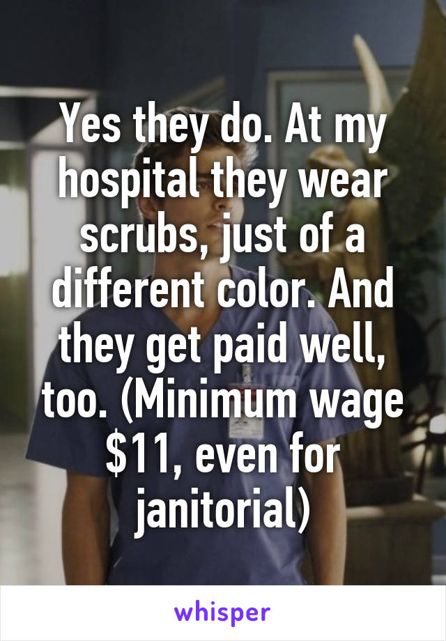 Yes they do. At my hospital they wear scrubs, just of a different color. And they get paid well, too. (Minimum wage $11, even for janitorial)