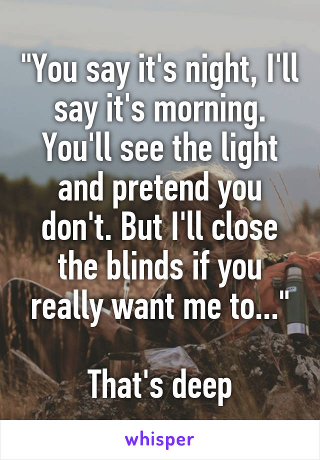 "You say it's night, I'll say it's morning. You'll see the light and pretend you don't. But I'll close the blinds if you really want me to..."

That's deep