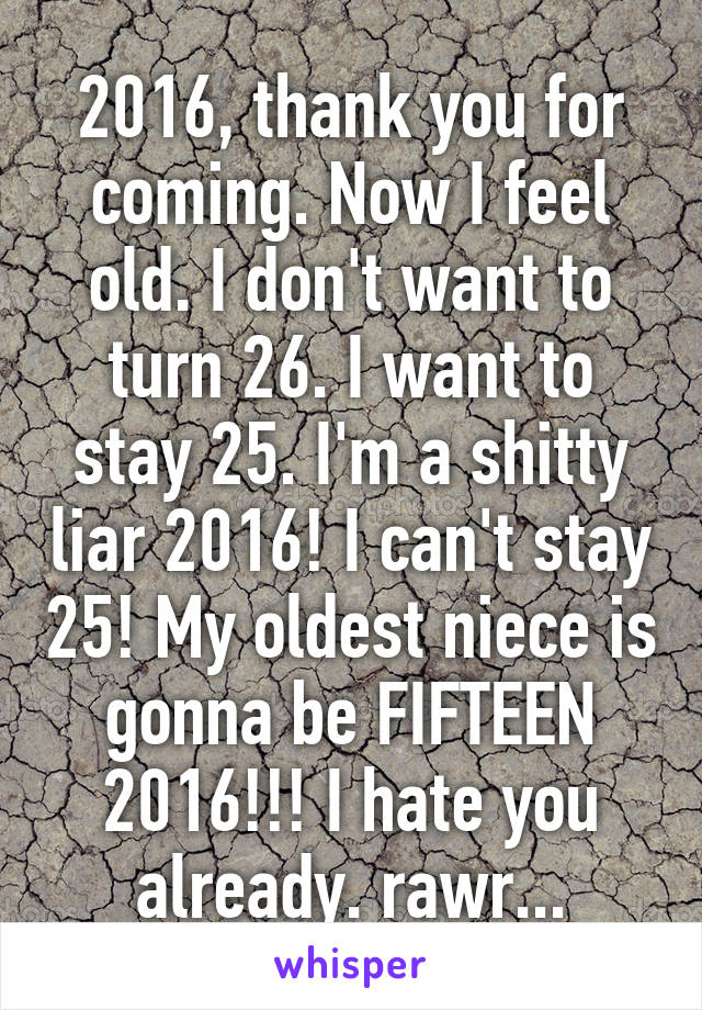 2016, thank you for coming. Now I feel old. I don't want to turn 26. I want to stay 25. I'm a shitty liar 2016! I can't stay 25! My oldest niece is gonna be FIFTEEN 2016!!! I hate you already. rawr...