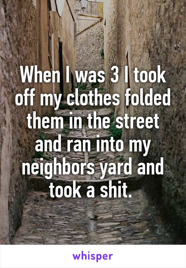 When I was 3 I took off my clothes folded them in the street and ran into my neighbors yard and took a shit. 