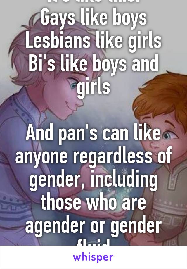 It's like this.
Gays like boys
Lesbians like girls
Bi's like boys and girls

And pan's can like anyone regardless of gender, including those who are agender or gender fluid
Asexuals like... yea.