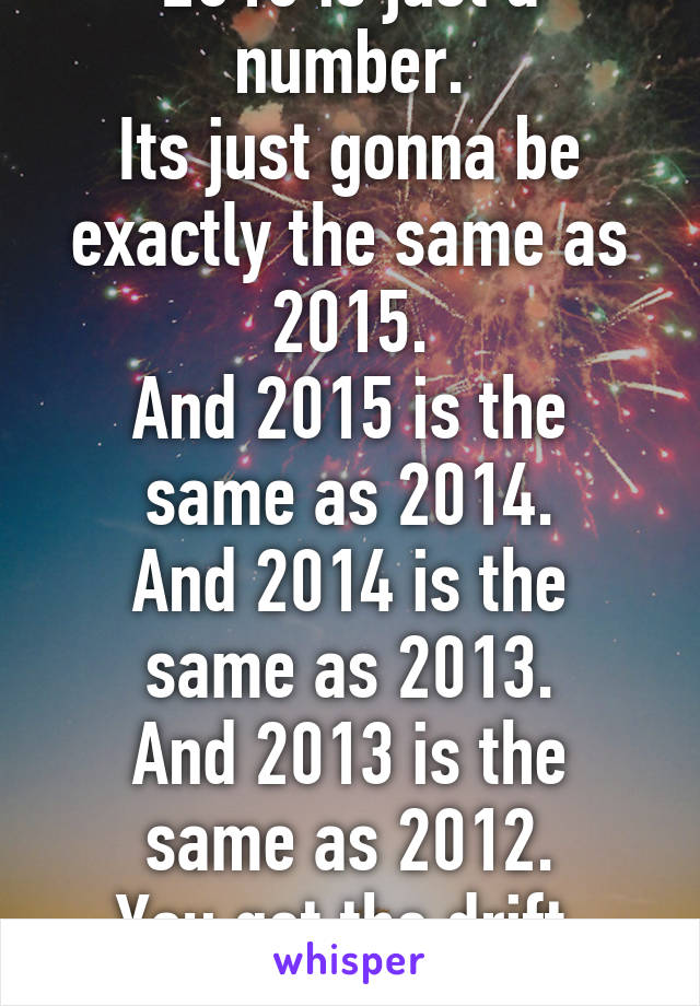 2016 is just a number.
Its just gonna be exactly the same as 2015.
And 2015 is the same as 2014.
And 2014 is the same as 2013.
And 2013 is the same as 2012.
You get the drift.
