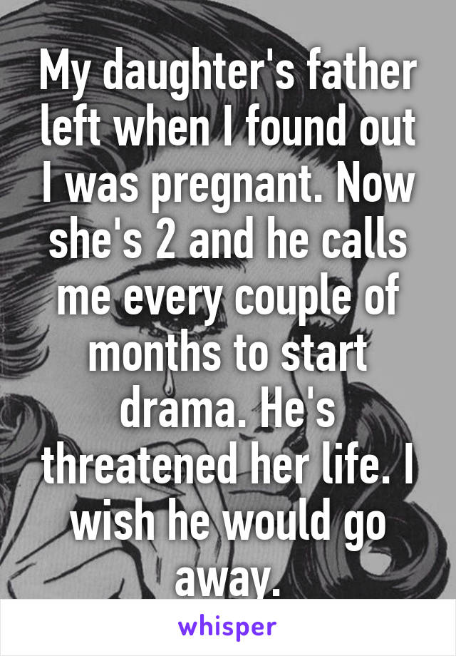 My daughter's father left when I found out I was pregnant. Now she's 2 and he calls me every couple of months to start drama. He's threatened her life. I wish he would go away.