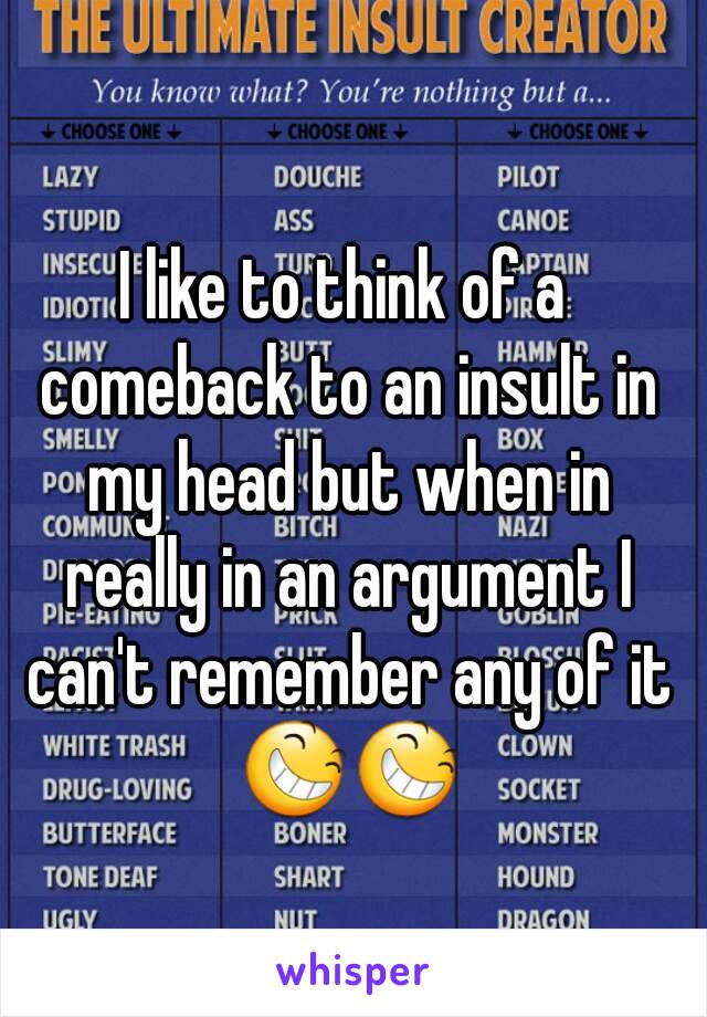 I like to think of a comeback to an insult in my head but when in really in an argument I can't remember any of it 😆😆