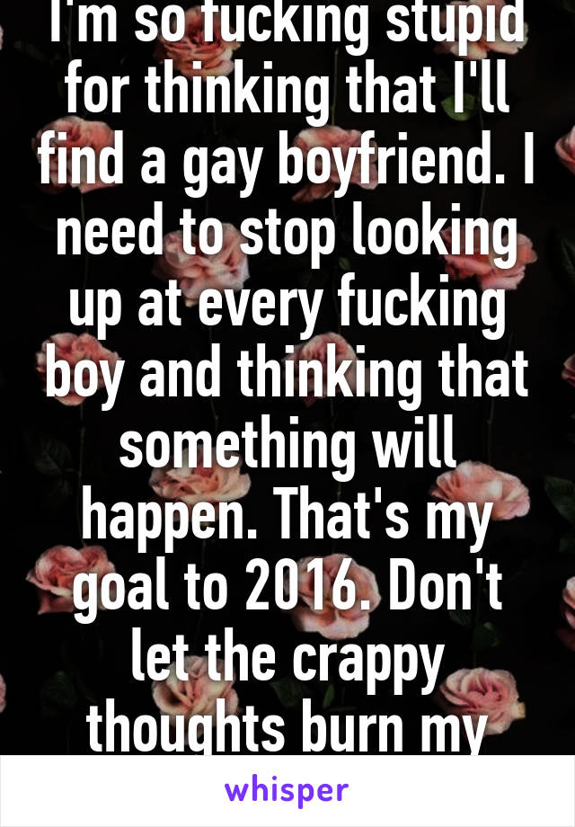 I'm so fucking stupid for thinking that I'll find a gay boyfriend. I need to stop looking up at every fucking boy and thinking that something will happen. That's my goal to 2016. Don't let the crappy thoughts burn my head. 