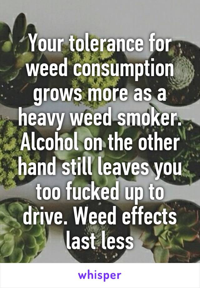 Your tolerance for weed consumption grows more as a heavy weed smoker. Alcohol on the other hand still leaves you too fucked up to drive. Weed effects last less