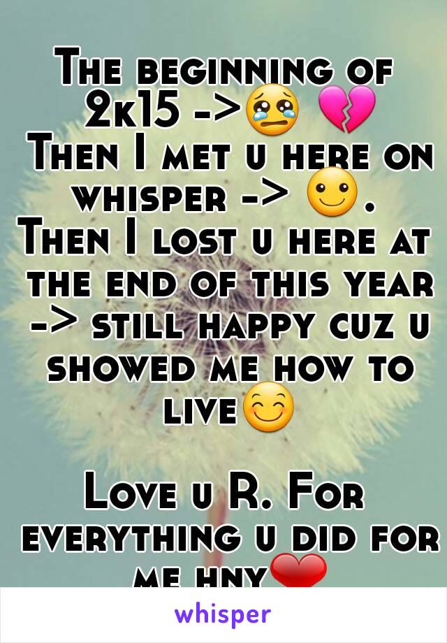 The beginning of 2k15 ->😢 💔 Then I met u here on whisper -> ☺. 
Then I lost u here at the end of this year -> still happy cuz u showed me how to live😊 
Love u R. For everything u did for me hny❤