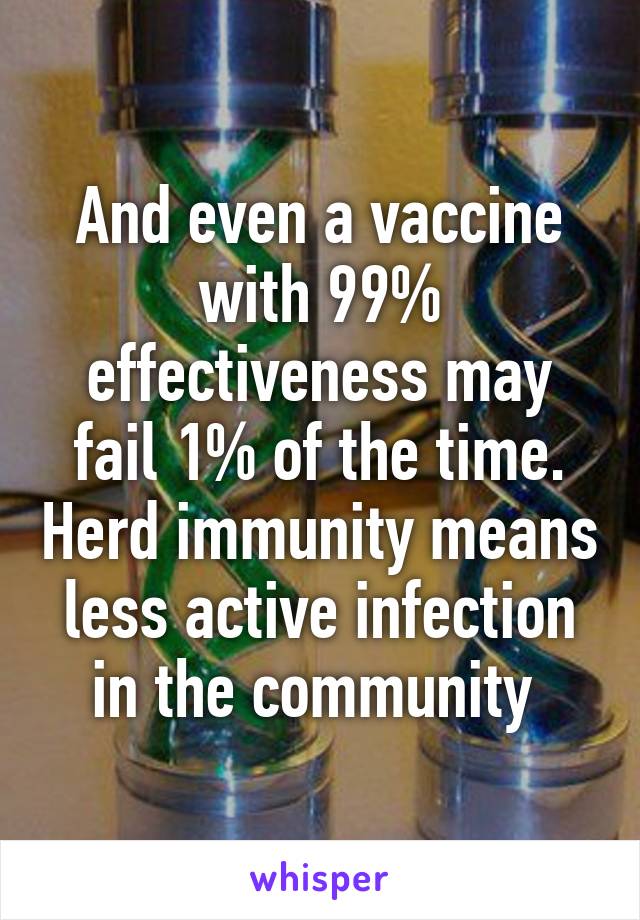 And even a vaccine with 99% effectiveness may fail 1% of the time. Herd immunity means less active infection in the community 