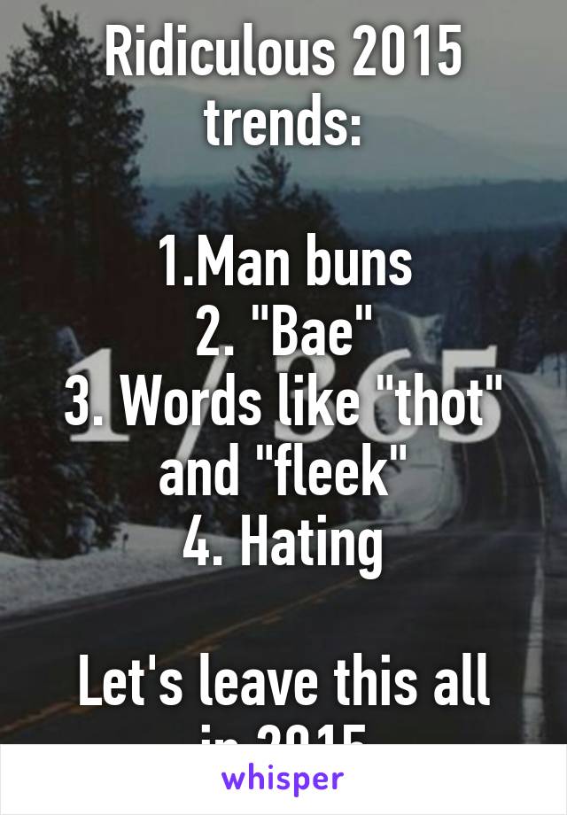 Ridiculous 2015 trends:

1.Man buns
2. "Bae"
3. Words like "thot" and "fleek"
4. Hating

Let's leave this all in 2015