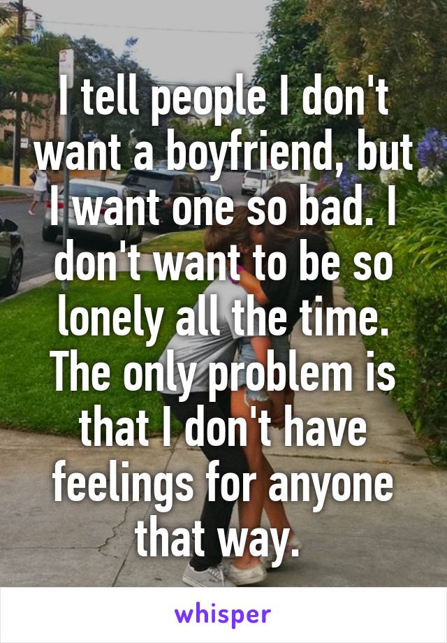 I tell people I don't want a boyfriend, but I want one so bad. I don't want to be so lonely all the time. The only problem is that I don't have feelings for anyone that way. 