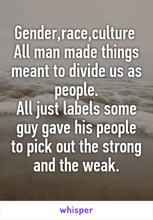 Gender,race,culture 
All man made things meant to divide us as people.
All just labels some guy gave his people to pick out the strong and the weak.
