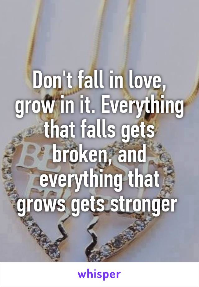 Don't fall in love, grow in it. Everything that falls gets broken, and everything that grows gets stronger 