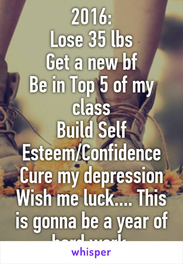 2016:
Lose 35 lbs
Get a new bf
Be in Top 5 of my class
Build Self Esteem/Confidence
Cure my depression
Wish me luck.... This is gonna be a year of hard work.