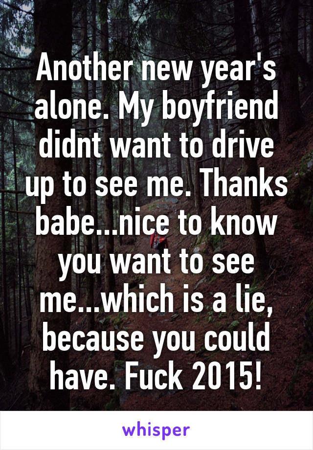 Another new year's alone. My boyfriend didnt want to drive up to see me. Thanks babe...nice to know you want to see me...which is a lie, because you could have. Fuck 2015!