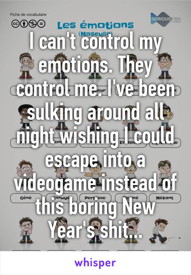 I can't control my emotions. They control me. I've been sulking around all night wishing I could escape into a videogame instead of this boring New Year's shit...