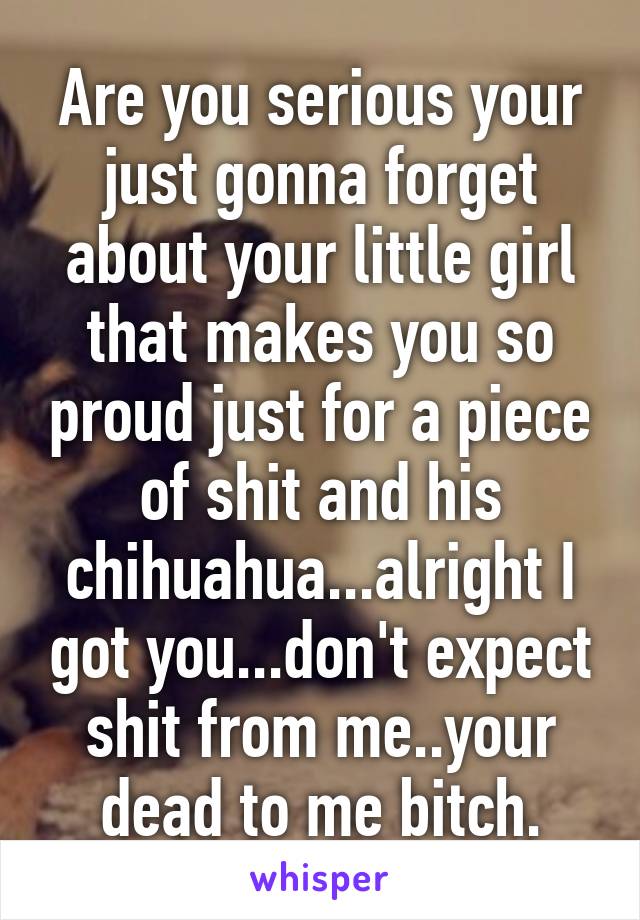 Are you serious your just gonna forget about your little girl that makes you so proud just for a piece of shit and his chihuahua...alright I got you...don't expect shit from me..your dead to me bitch.