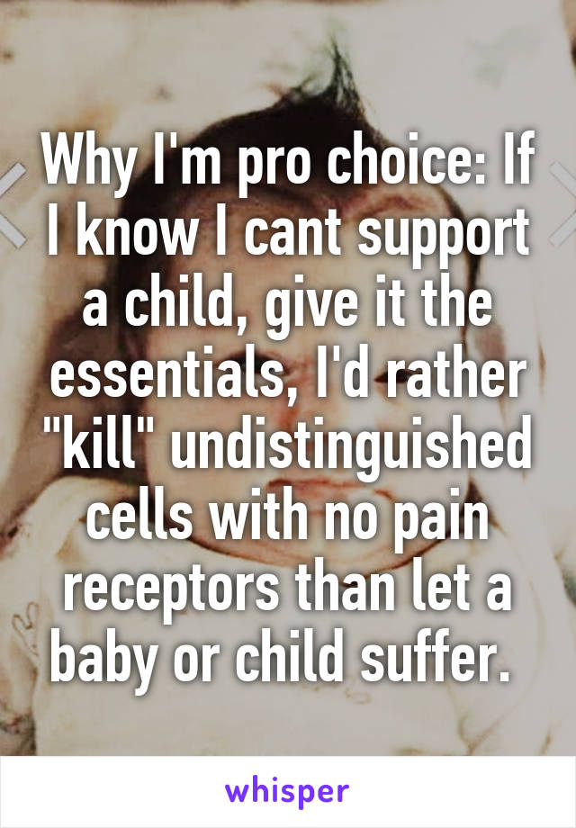 Why I'm pro choice: If I know I cant support a child, give it the essentials, I'd rather "kill" undistinguished cells with no pain receptors than let a baby or child suffer. 