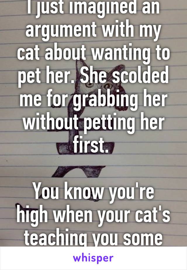 I just imagined an argument with my cat about wanting to pet her. She scolded me for grabbing her without petting her first. 

You know you're high when your cat's teaching you some serious life lessons.