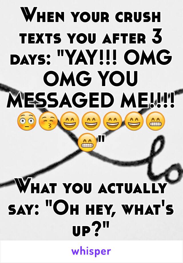 When your crush texts you after 3 days: "YAY!!! OMG OMG YOU MESSAGED ME!!!!😳😚😄😄😄😄😁😁"

What you actually say: "Oh hey, what's up?"