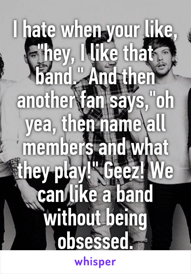 I hate when your like, "hey, I like that band." And then another fan says,"oh yea, then name all members and what they play!" Geez! We can like a band without being obsessed.