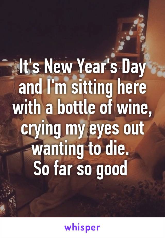 It's New Year's Day and I'm sitting here with a bottle of wine, crying my eyes out wanting to die. 
So far so good 