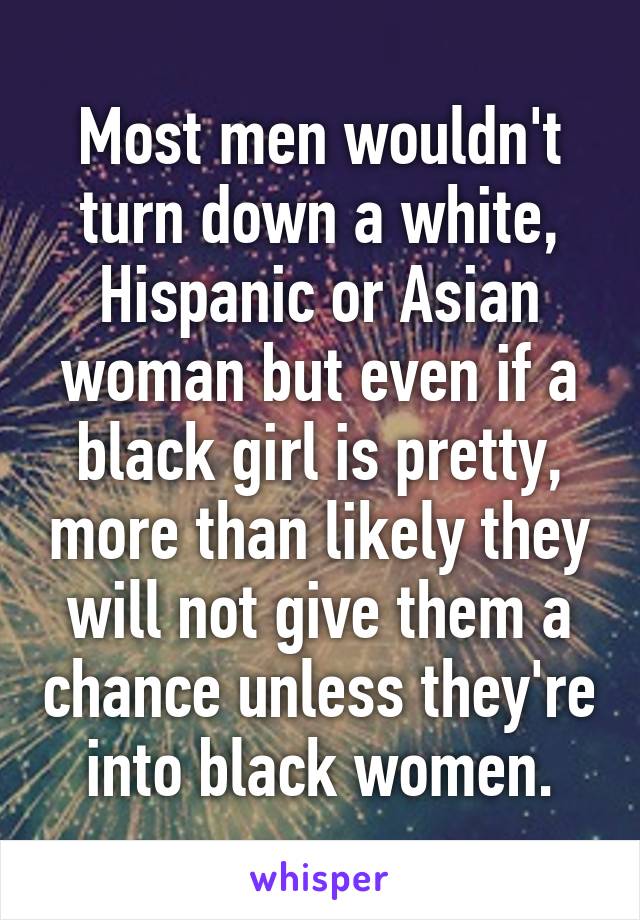 Most men wouldn't turn down a white, Hispanic or Asian woman but even if a black girl is pretty, more than likely they will not give them a chance unless they're into black women.