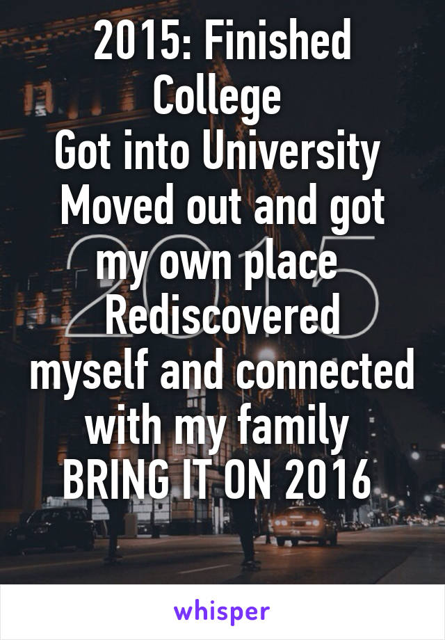 2015: Finished College 
Got into University 
Moved out and got my own place 
Rediscovered myself and connected with my family 
BRING IT ON 2016 

