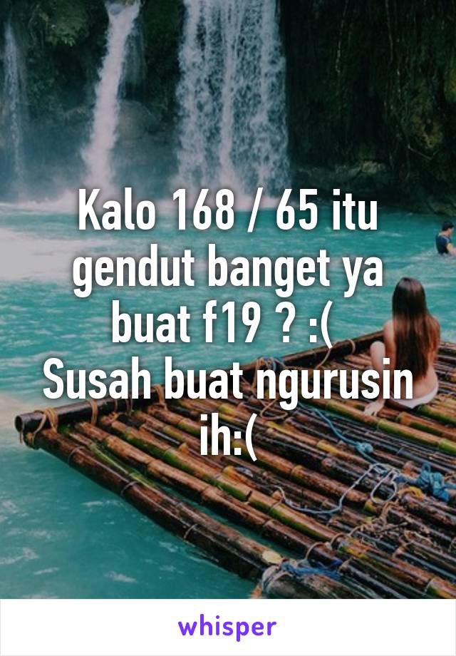 Kalo 168 / 65 itu gendut banget ya buat f19 ? :( 
Susah buat ngurusin ih:(