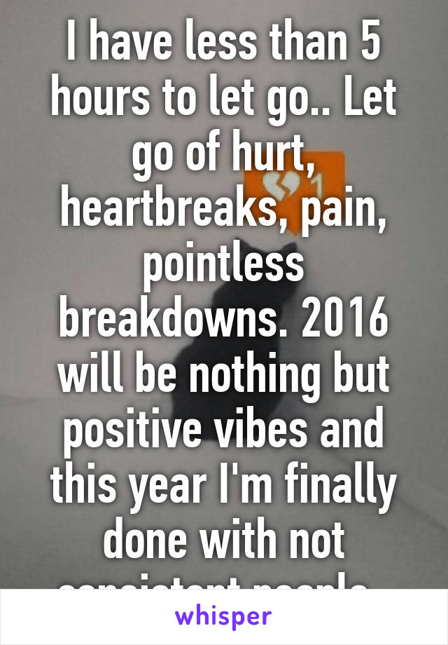 I have less than 5 hours to let go.. Let go of hurt, heartbreaks, pain, pointless breakdowns. 2016 will be nothing but positive vibes and this year I'm finally done with not consistent people. 