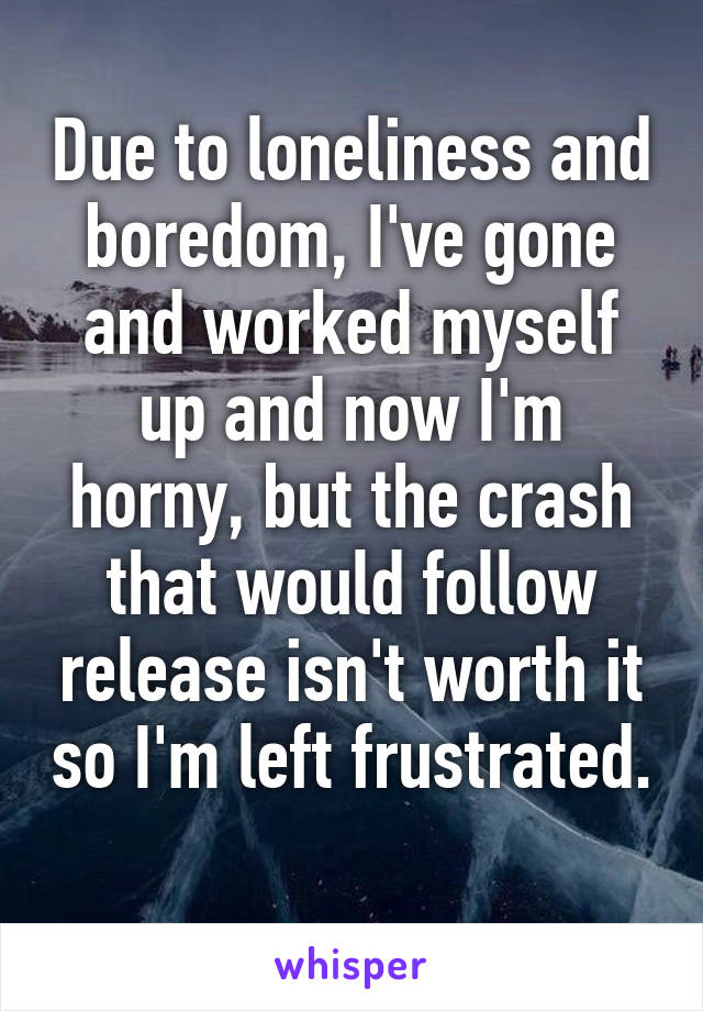 Due to loneliness and boredom, I've gone and worked myself up and now I'm horny, but the crash that would follow release isn't worth it so I'm left frustrated.
