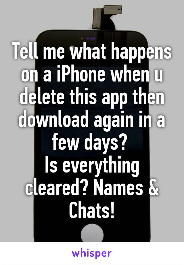 Tell me what happens on a iPhone when u delete this app then download again in a few days? 
Is everything cleared? Names & Chats!