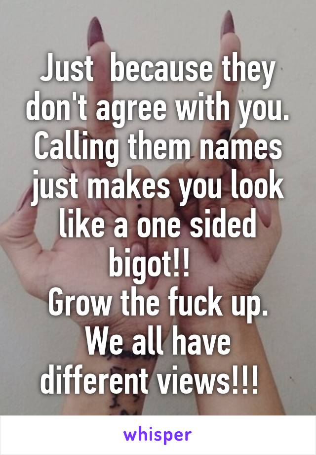 Just  because they don't agree with you. Calling them names just makes you look like a one sided bigot!!  
Grow the fuck up.
We all have different views!!!  