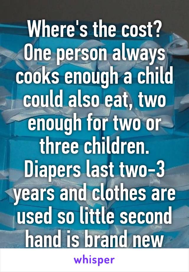 Where's the cost? One person always cooks enough a child could also eat, two enough for two or three children. Diapers last two-3 years and clothes are used so little second hand is brand new