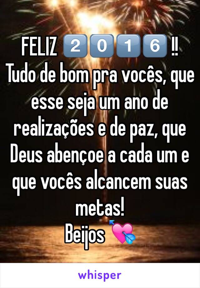 FELIZ 2️⃣0️⃣1️⃣6️⃣ !!
Tudo de bom pra vocês, que esse seja um ano de realizações e de paz, que Deus abençoe a cada um e que vocês alcancem suas metas!
Beijos 💘