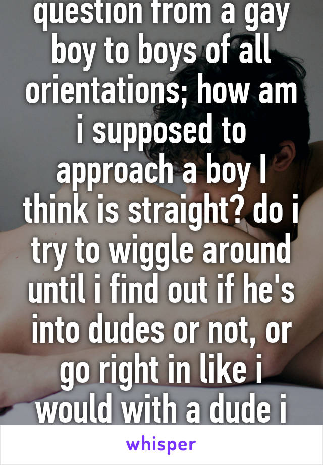 question from a gay boy to boys of all orientations; how am i supposed to approach a boy I think is straight? do i try to wiggle around until i find out if he's into dudes or not, or go right in like i would with a dude i know is gay?