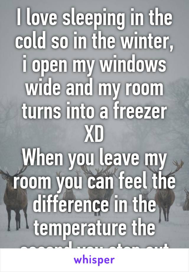 I love sleeping in the cold so in the winter, i open my windows wide and my room turns into a freezer XD
When you leave my room you can feel the difference in the temperature the second you step out