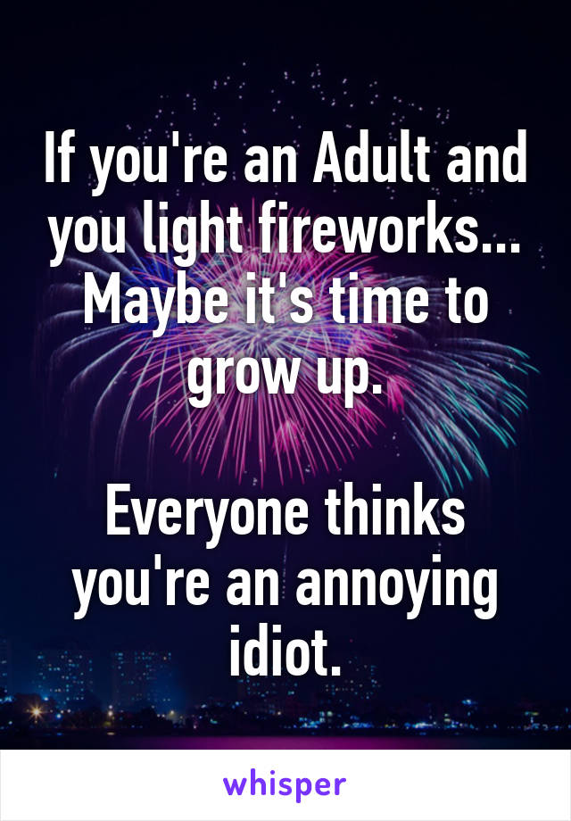 If you're an Adult and you light fireworks... Maybe it's time to grow up.

Everyone thinks you're an annoying idiot.