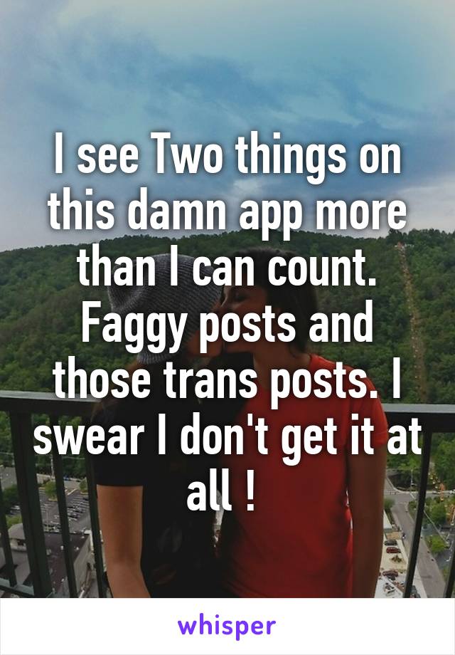 I see Two things on this damn app more than I can count. Faggy posts and those trans posts. I swear I don't get it at all ! 